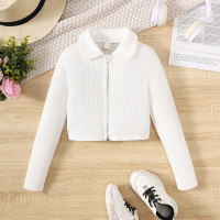 Kid Girl Solid Color Hooded Zip-up Jacket  White