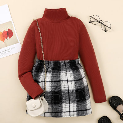 Kids Girls Plaid,Solid Polo neck Two-piece Top+Skirt