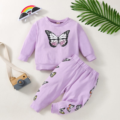 2-piece Baby Girl Butterfly Printed Sweatshirt & Matching Pants
