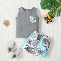 Printed single pocket vest + fashion trendy printed beach shorts suit for baby boys ethnic style cute casual pants suit  Light Gray