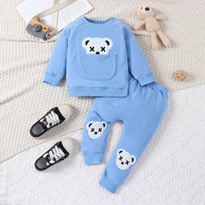 Baby Boy 2 Pieces Bear Pattern Applique Pocket Decor Sweater & Pants