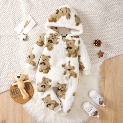 Bear pattern slanted zipper hooded long-sleeved fur double-faced fleece jumpsuit autumn and winter