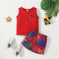 Printed single pocket vest + fashion trendy printed beach shorts suit for baby boys ethnic style cute casual pants suit  Red