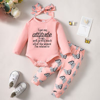 Baby Girl 3 Pieces Letter Pattern Bodysuit & Butterfly Pattern Pants & Headband  Pink