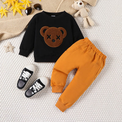 Baby Boy 2 Pieces Cute Applique Bear Pattern Sweater & Solid Color Pants