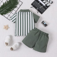Solid color patchwork vertical striped woven fabric short-sleeved shirt top and shorts set  Army Green