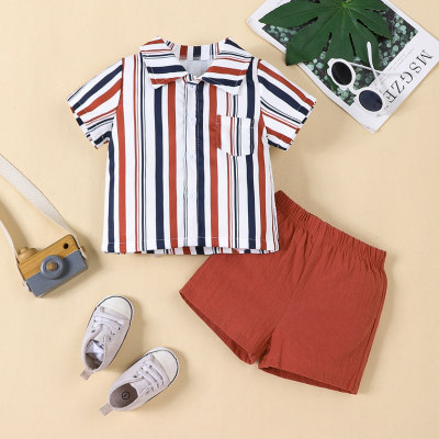 Baby Boy Vertical Stripes Pocket Shirt & Solid Color Shorts