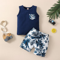 Baby Boy 2 Pieces Coconut Tree Pattern Vest & Shorts  Navy Blue
