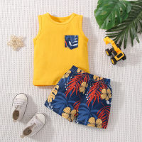 Printed single pocket vest + fashion trendy printed beach shorts suit for baby boys ethnic style cute casual pants suit  Yellow