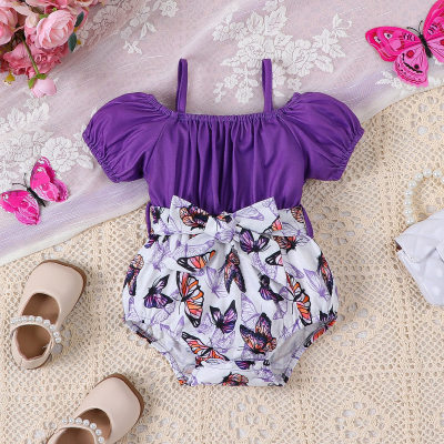 Solid color strapless off-shoulder lantern sleeve patchwork butterfly print triangle jumpsuit (belt included)