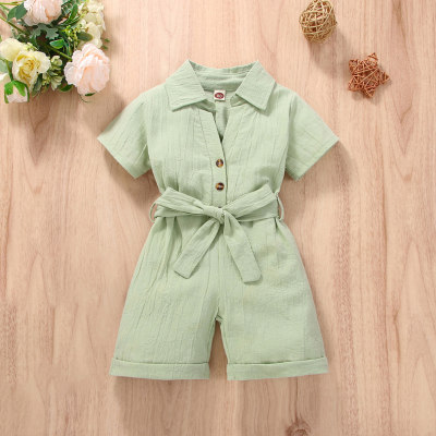 Baby Girl 2 Pieces Solid Color Shirt Collar Overalls & Waistband