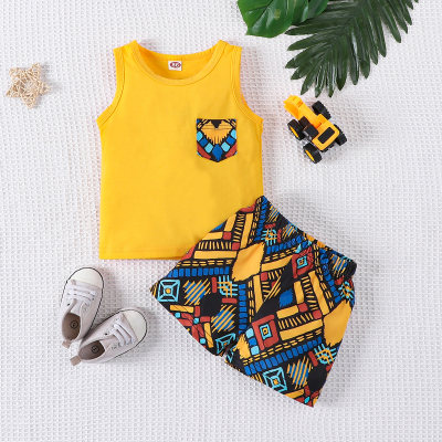Printed Single Pocket Vest + Fashionable Printed Beach Shorts Set