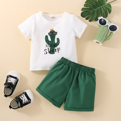 Baby Boy 2 Pieces Cute Cactus Pattern T-Shirts & Solid Color Shorts