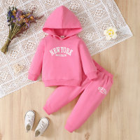 Baby Girl 2 Pieces Solid Color Letter Pattern Hooded Sweater & Pants  Pink
