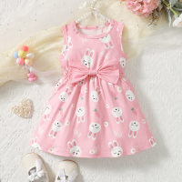 Vestido lindo con lazo rosa y estampado de conejito para niña, vestido informal de moda lindo para bebé  Rosado