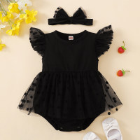 Baby Girl Solid Color Polka dot Mesh Decor Bodysuit & Bow-knot Headband  Black