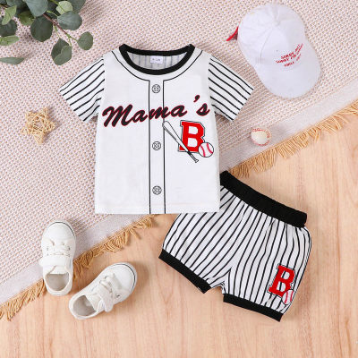 Baby boy's casual letter print (positioning print) top and striped shorts are suitable for daily outing clothing