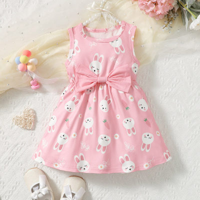Vestido fofo com estampa de coelho e laço rosa, lindo vestido casual elegante para menina