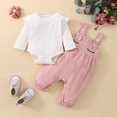 Baby Solid Color Ruffled Sleeve Romper & Overalls