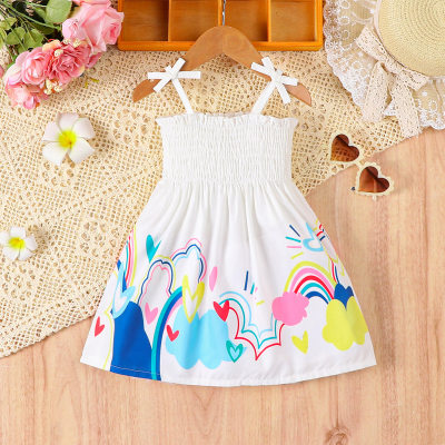 Baby girl fashion casual love rainbow positioning print wrap bow decorative suspender dress