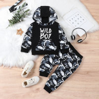 Letter print patchwork camouflage full print hooded long-sleeved sweatshirt and camouflage full print trousers set  Black