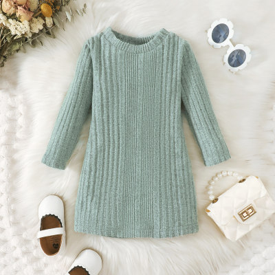 Baby Girl Solid Color Ribbed Long Sleeve Dress for Autumn Winter