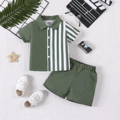 Solid color patchwork vertical striped woven fabric short-sleeved shirt top and shorts set
