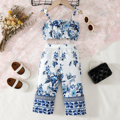 Conjunto de 2 pacotes para bebês meninas moda casual étnica azul e branca com estampa de porcelana e conjunto de calças largas com estampa de posicionamento