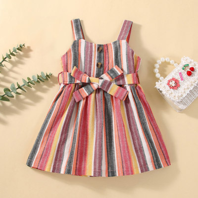 Baby Girl Color-Block Stripes Pattern Belt Suspender Dress