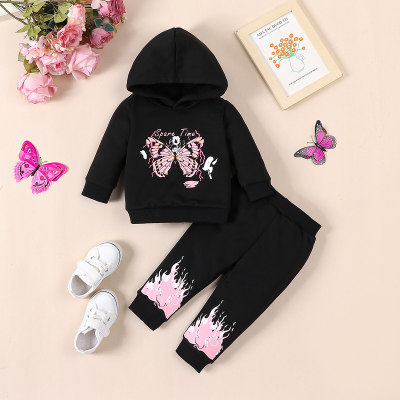 Baby Girl 2 Pieces Solid Color Butterfly Hooded Sweater & Pants