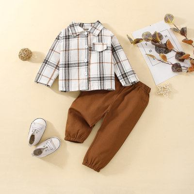 2-piece Baby Boy Plaid Pocket Front Button-up Shirt & Solid Color Cropped Pants