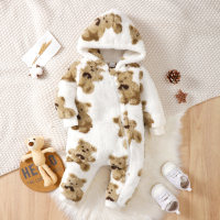 Baby Bear Pattern Zipper Hooded Fluffy two-sided Fleece Jumpsuit  Apricot