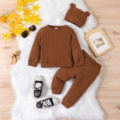 Casual knitted jacquard fabric crew neck long sleeve sweatshirt and trousers set including hat autumn and winter