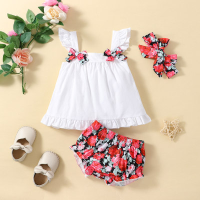 3-piece Baby Girl Bowknot Decor Square Neck Sleeveless Blouse & Allover Floral Panty & Headwrap