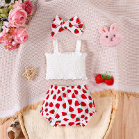 Fashionable and casual bow-decorated suspender top + strawberry all-over printed shorts set (including headband)  White