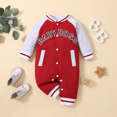Baby Boy Baseball Style Color-block Patchwork Letter Pattern Button-up Long-sleeved Long-leg Romper