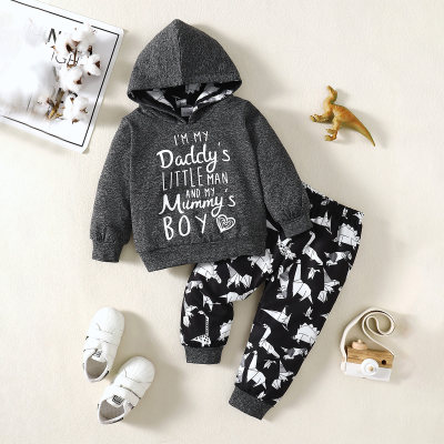 Baby Boy 2 Pieces Solid Color Letter Pattern Hooded Sweater & Dinosaur Pattern Pants