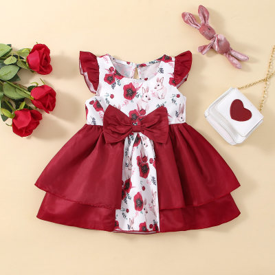 Baby Girl Floral Rabbit Pattern Color-block Bow-knot Decor Dress