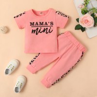 Baby Girl Leopard Letter Printed T-shirt & Trousers  Pink