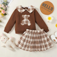 Toddler Plaid Bear Printed Ruffled Sweater & Pleated skirt  Brown