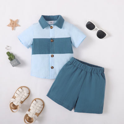 2-piece Baby Boy Pure Cotton Color-block Patchwork Short Sleeve Shirt & Solid Color Shorts