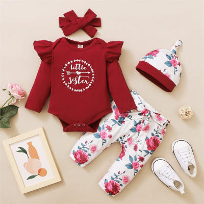 Baby Letter Printed Romper & Floral Pants & Hat With Headband