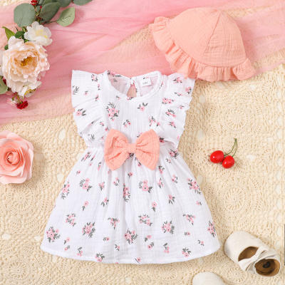 2-piece Baby Girl Pure Cotton Allover Floral Printed Bowknot Decor Sleeveless Dress