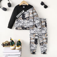 Toddler Boy Monogram Printed Round-neck Top & Solid Colored Pants  Black