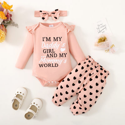 Baby Girl 3 Pieces Letter Pattern Bodysuit & Heart-shaped Pattern Pants & Headband