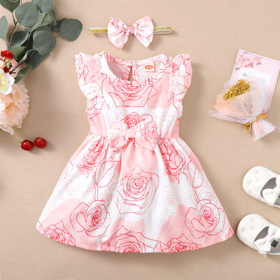 Baby Sweet Floral Bow Knot Decor Knee Length Puffy Sleeveless Dress With Hair Band