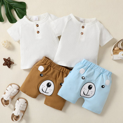 Baby Boy Solid Color T-Shirt & Cute Bear Shorts