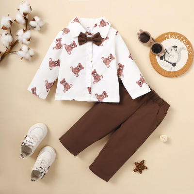 2-piece Baby Boy Allover Bear Printed Bowknot Decor Shirt & Solid Color Pants