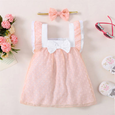 Baby Girl Color-block Bow-knot Ruffle-sleeve Dress & Headband