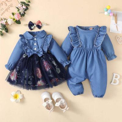Brother and Sister Floral Mesh Patchwork Ruffled Bowknot Decor Long Sleeve Dress & Ruffle Patchwork Long-sleeved Long-leg Romper